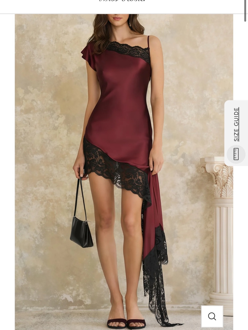 Satin Lace Asymmetric Slip Dress in Burgundy